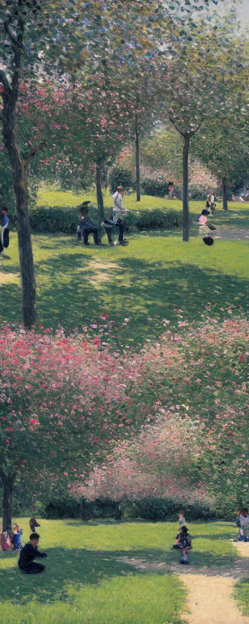 Image similar to a beautiful park in full bloom, people playing, noon, Gustave Caillebotte, artstation, 8k