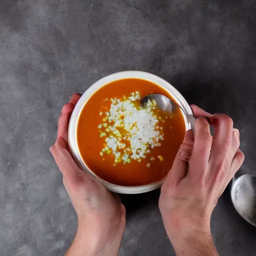 Prompt: person unable to eat soup properly spilling it everywhere