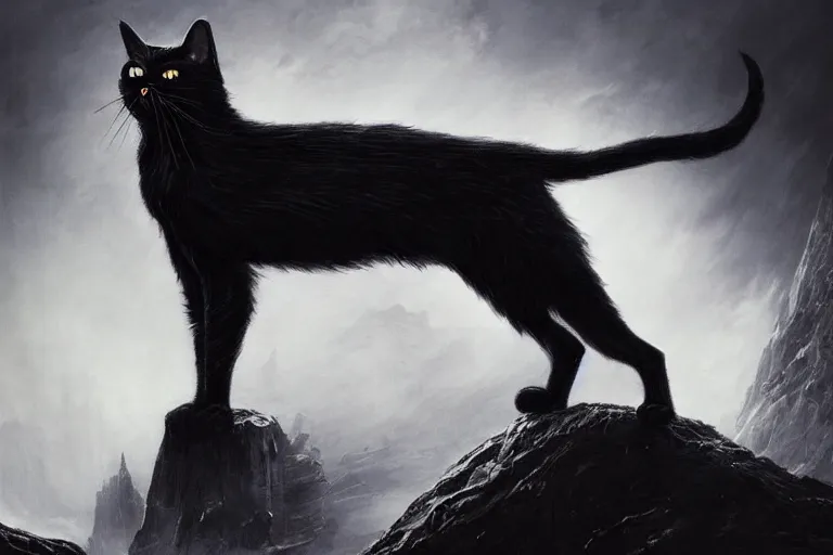 Image similar to artstation concept of a black cat as the dark lord sauron fighting a war against humans, dark mordor background, evil and dark, hyperdetailed, artstation trending, world renowned artists, worth1000.com, historic artworks society, antique renewel, cgsociety, by greg rutkowski, by Gustave Dore, Deviantart