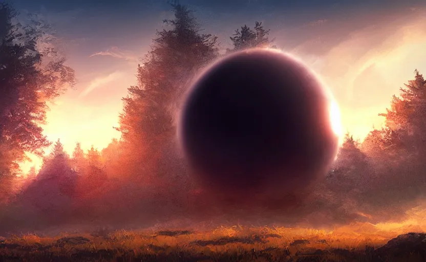 Prompt: digital sci-fi painting of a gigantic black sphere floating over the forest, concept art, beautiful sunset lighting, golden hour, 4k trending on artstation