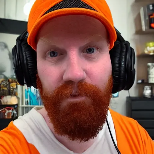 Image similar to middle aged streamer on twitch with black hat, stubble, ginger hair, orange hair, black cap, stubbles, red headphones, in the style of jeremiah ketner
