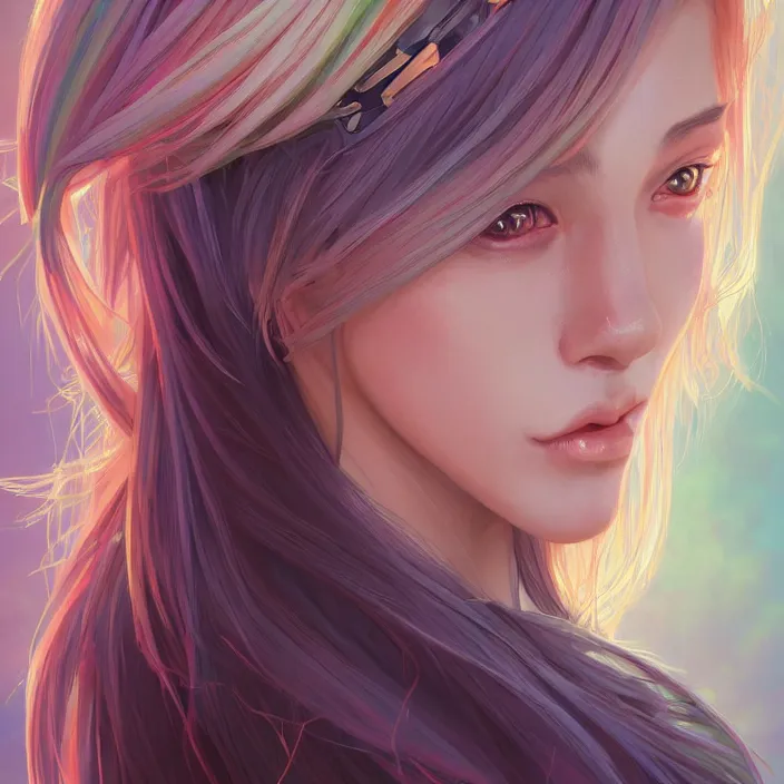 Image similar to portrait of beautiful symmetrical anime girl, rainbow hair, attractive, casual, modern, victoria's secret, highly detailed, digital painting, artstation, concept art, smooth, sharp focus, illustration, art by artgerm, greg rutkowski and alphonse mucha, 8 k,