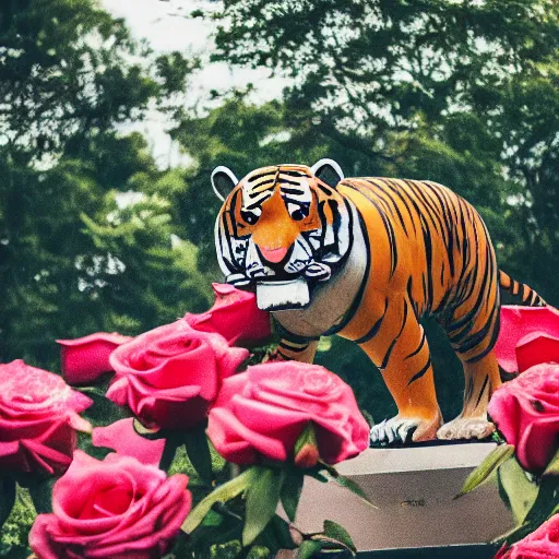 Prompt: a statue of a tiger [ fabricated with [ roses ]!! ], [ 4 k photorealism ]!!, best of unsplash, trending on unsplash, unsplash contest winner