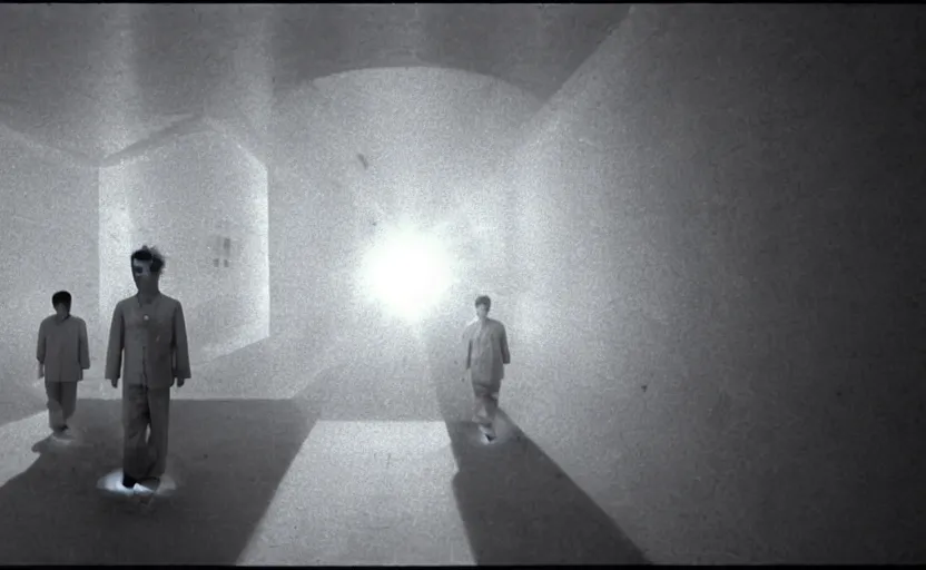 Image similar to light coming out of one starfish - like kaiju anthropomorphic monster, korean film noir by kim jong - il, korean traditional palace, pyongyang city, 1 9 6 0 s, red color bleed, 4 k, video compression, video glitch, monochrome, akira kurosawa, mamoru oshii, wes anderson, stanley kubrick