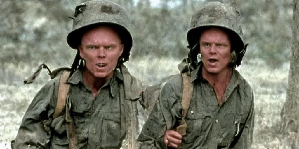 Prompt: a film still of Bill burr in platoon, high quality