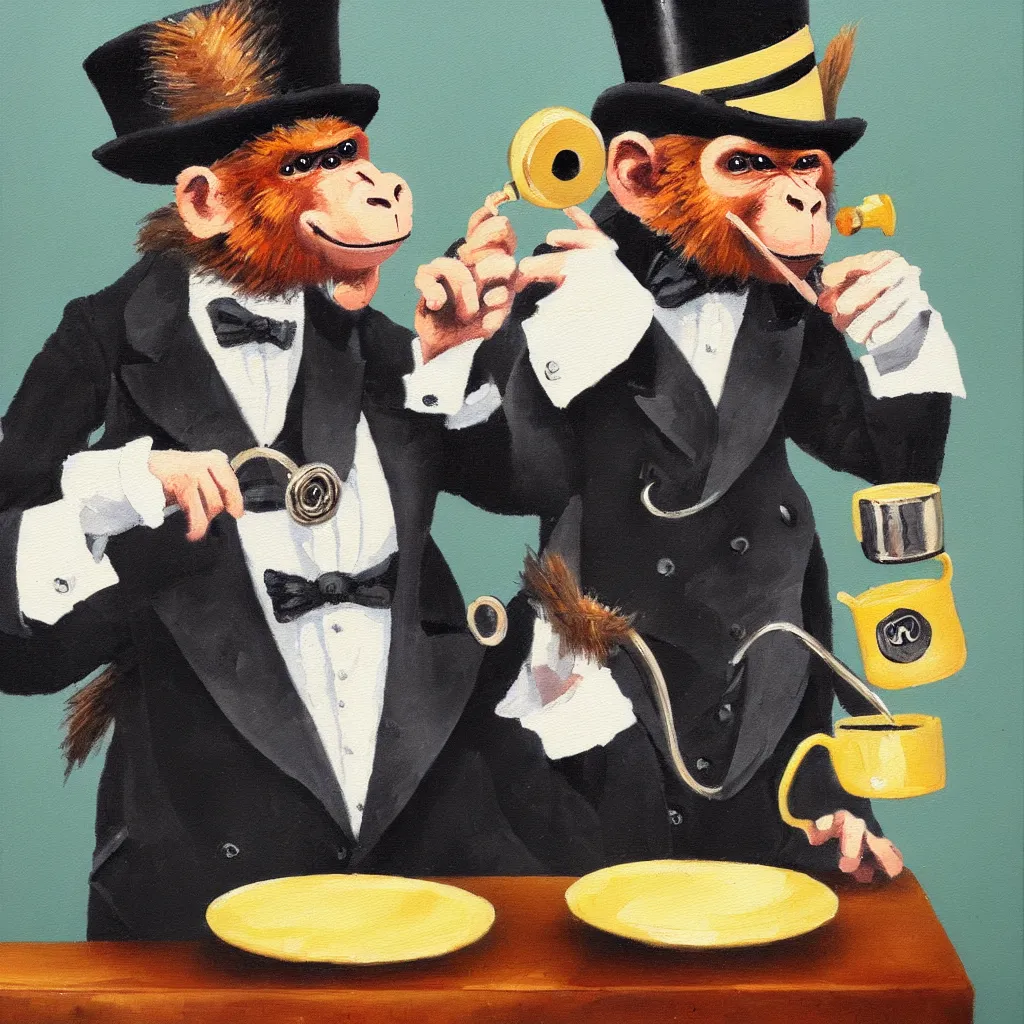 Image similar to one monkey wearing a monocle and a top hat drinking tea, brush strokes, oil painting