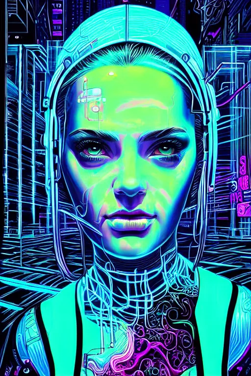 Image similar to dreamy cyberpunk girl portrait, neon wall on background, detailed acrylic, grunge, intricate complexity, by dan mumford and by jonathan solter