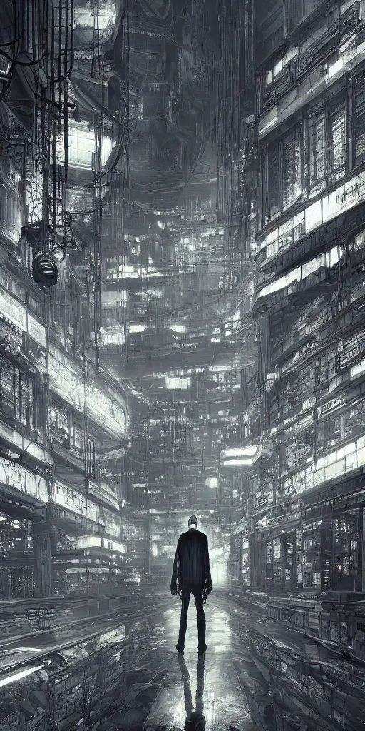 Image similar to lonely stranger inside a hall of monumental cyberpunk industrial factory megacomplex; by tsutomi nihei; hyperrealistic, 4K wallpaper, highly detailed