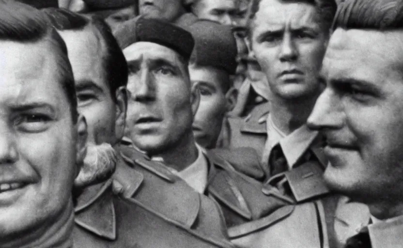 Image similar to 50s movie still close-up portrait of three soviet officers with very detailed faces in a stalinist style hall, by Alexei Guerman, Cinestill 800t 35mm black and white, heavy grainy picture, very detailed, high quality, 4k, HD criterion, precise texture, diverse faces, diverse haircuts, diverse ages, each faces precisely define