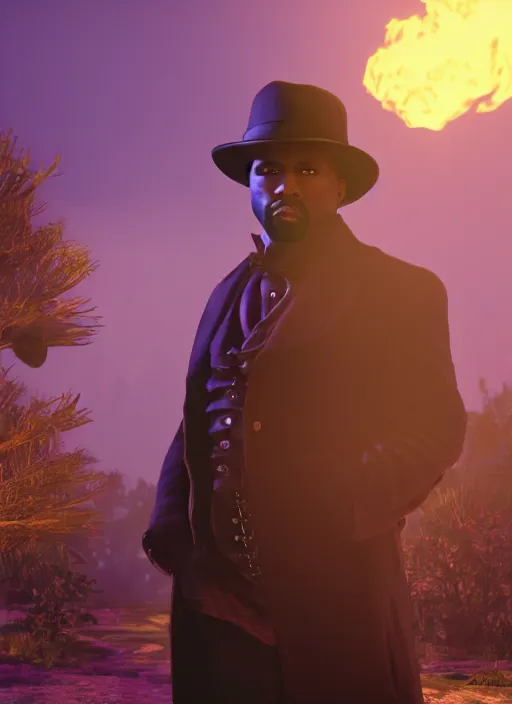 Image similar to portrait kanye west as willy wonka in red dead redemption 2, splash art, movie still, cinematic lighting, ray tracing, octane render, long lens, shallow depth of field, bokeh, anamorphic lens flare, 8 k, hyper detailed, 3 5 mm film grain