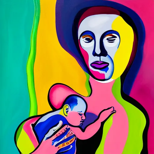 Image similar to a painting of a woman holding a baby, an ultrafine detailed painting by peter max and fiona rae and hernan bas and anna mond, featured on deviantart, metaphysical painting, biomorphic, fauvism, mixed media, photorealistic, dripping paint, palette knife texture, masterpiece