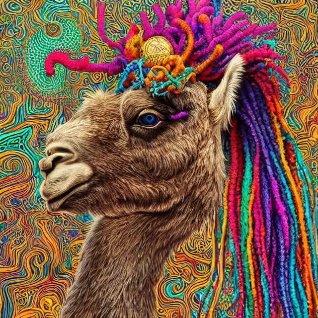 Prompt: llama with dreadlocks, colorful, detailed by ernst haeckel, james jean, mandy jurgens