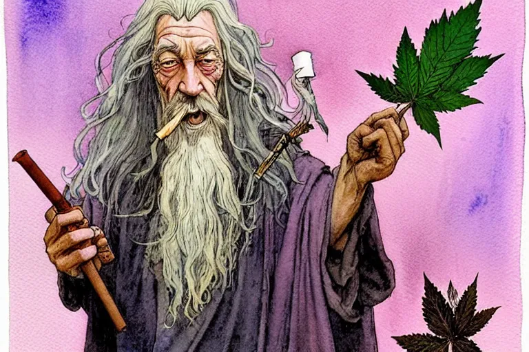 Image similar to a realistic and atmospheric watercolour fantasy character concept art portrait of gandalf with pink eyes lying on his back looking happy and confused and smoking weed out of his pipe with a pot leaf nearby, by rebecca guay, michael kaluta, charles vess and jean moebius giraud