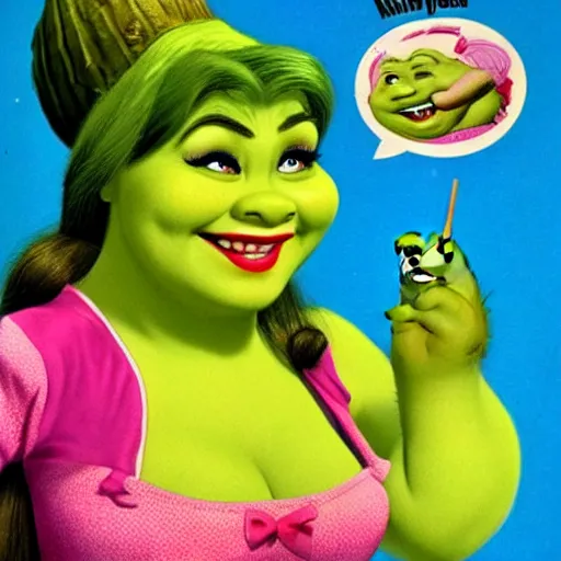 Image similar to shrek as a pinup girl, 1960 commercial