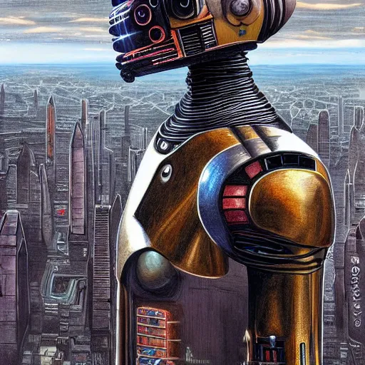 Prompt: portrait of a droid from mars amongst an extraterrestrial cityscape, intricate detail, hyperrealistic