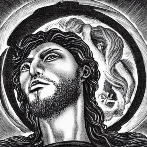 Prompt: jesus christ being consumed by an eldritch deity in the form of an eclipse, realistic, highly detailed