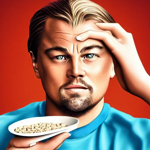 Prompt: a detailed portrait of leonardo dicaprio eating cereal with a fork, art illustration, incredibly highly detailed and realistic, 8 k, sharp focus