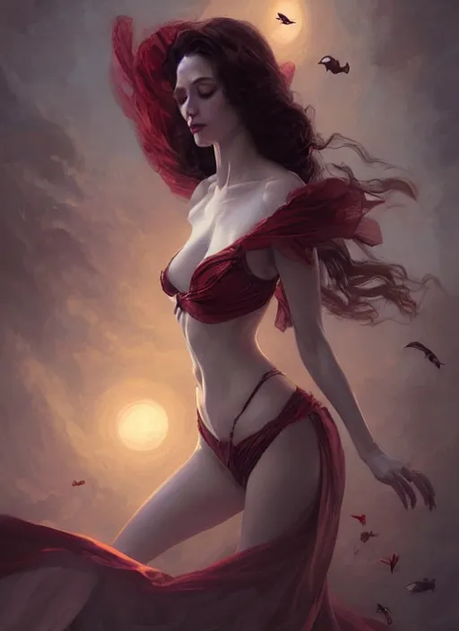 Image similar to desirable vampire woman floating in the air with silk cloth, fantasy, intricate, elegant, highly detailed, digital painting, artstation, concept art, matte, sharp focus, illustration, art by artgerm and greg rutkowski, dreadjim, zeen chin