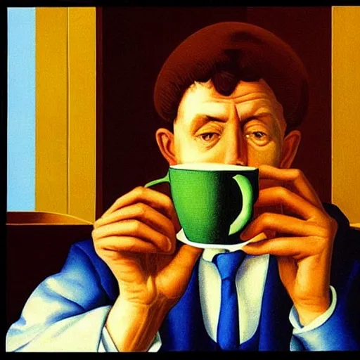 Prompt: “king drinking a cup of tea by Magritte, 8k, highly detailed”