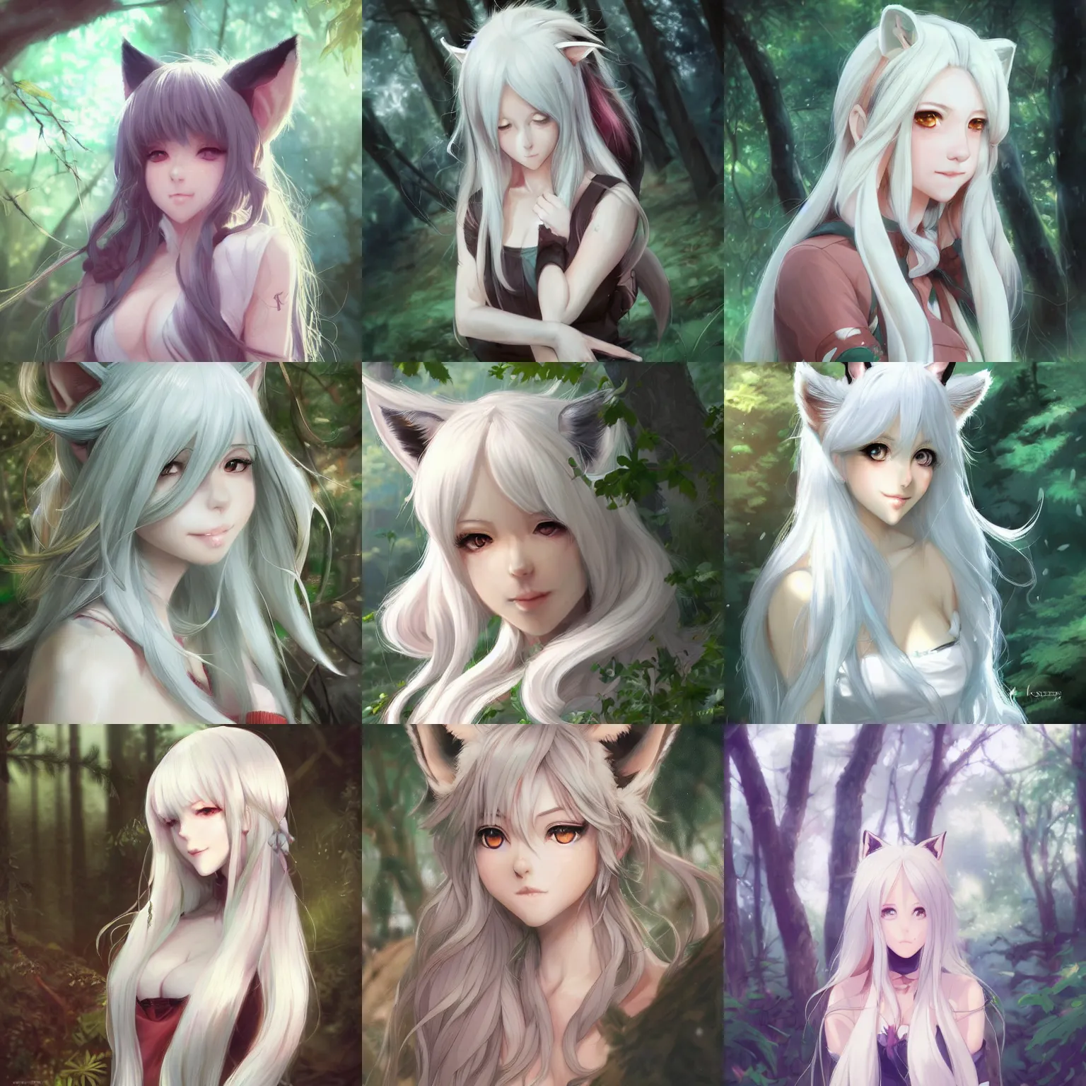 Prompt: portrait of a cute anime foxgirl in a forest, long white hair, white fox ears, detailed face, trending on artstation, art by Krenz Cushart and Ross Tran