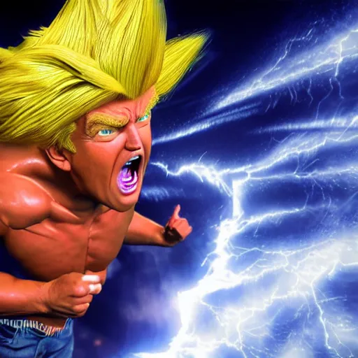 Prompt: photorealistic professional digital art of a highly detailed super sayan trump. accurate trump's face. he flies in the sky preparing a kamehameha. octane render, clear, intricate, highly detailed, unreal engine 5.