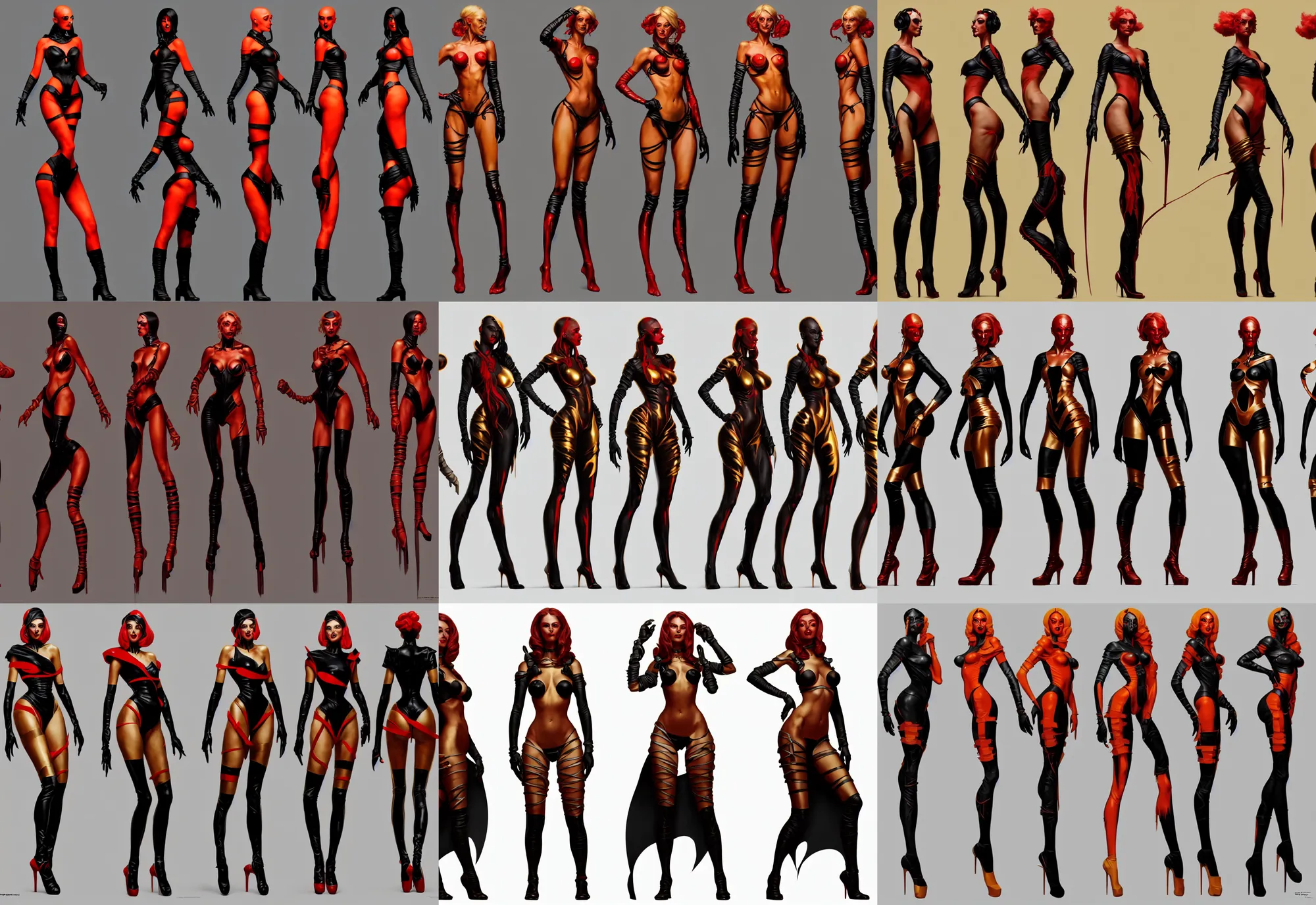 Image similar to three views game character design by illustrator of riot games, donato giancola and greg rutkowski. just one lonely black tape project show attctive showgirl!! full body!! future head set. contour light effect!! 8 k. red, golden and black. stage light. octane render. sharp edge. ultra clear detailed