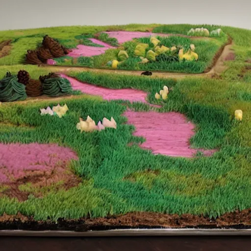 Image similar to A prairie landscape made entirely of cake and frosting, still life