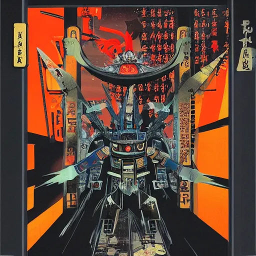 Prompt: the fullmetal wired neon friendly robot orion crosses the infinite series of tori gates between reality and simulation at fushimi inari taisha, hanafuda oil on canvas by dave mckean, ivan shishkin, james jean and yoji shinkawa