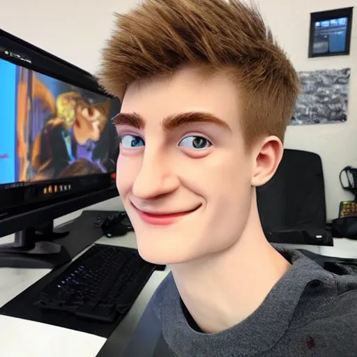 Image similar to “a realistic detailed photo of a guy who is an attractive humanoid who is half robot and half humanoid, who is a male android, twitch streamer Ninja Tyler Blevins, shiny skin, posing like a statue, blank stare, on a gaming chair streaming”