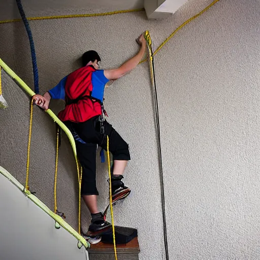 Image similar to A climbing expedition climbing the stairs of a regular apartment building. They are using ropes, pickaxes and other professional climbing gear in order to climb the stairs. Photograph, f/8, room lighting, indoor