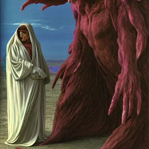 Image similar to angelical woman in robes, flanked by her giant monster pet, by wayne barlowe