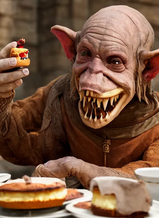 Image similar to closeup portrait of a medieval goblin eating cakes in the cloisters, depth of field, zeiss lens, detailed, symmetrical, centered, fashion photoshoot, by Annie Leibovitz and Steve McCurry, David Lazar, Jimmy Nelsson, Breathtaking, 8k resolution, extremely detailed, beautiful, establishing shot, artistic, hyperrealistic, beautiful face, octane render