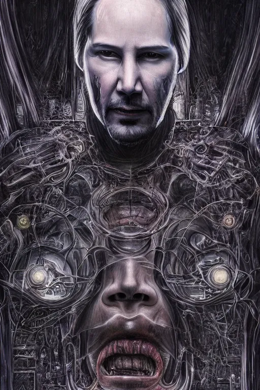 Image similar to portrait of keanu reeves, hyperdetailed, nightmare, abomination, ultrarealistic, cyberpunk, dramatic, symmetrical, by h. r. giger and zdislaw beksinski and artgerm, science fiction, alien, religious art, mandelbrot fractal, trending on deviantart