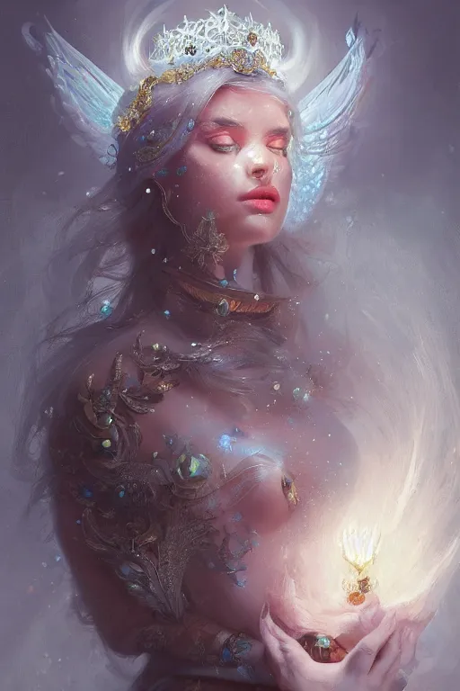 Image similar to beautiful princess with face covered with diamonds wearing frost velvet, diamonds, angel, fantasy, dramatic lighting, highly detailed, digital painting, magic the gathering, hyper detailed, 3 d render, hyper realistic detailed portrait, peter mohrbacher, wlop, ruan jia