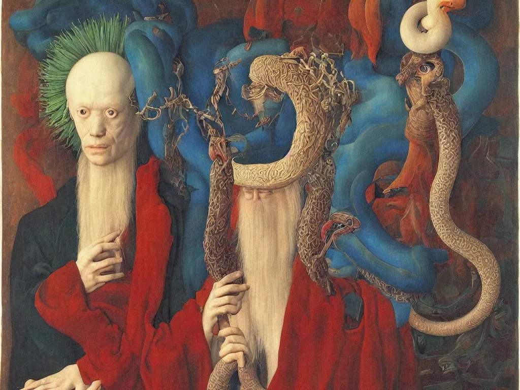 Image similar to Portrait of albino mystic with blue eyes, with beautiful exotic melancholy serpent. Painting by Jan van Eyck, Audubon, Rene Magritte, Agnes Pelton, Max Ernst, Walton Ford