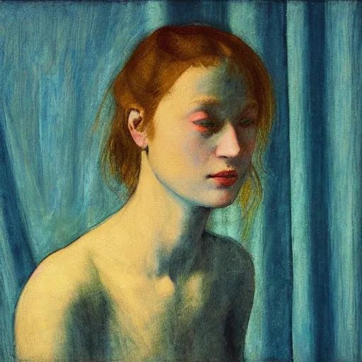 Image similar to close up of a girl in a blue and gold haunted liminal abandoned room, film still by edward hopper, by Pontormo, by klimt, art noveau, highly detailed, strong lights, liminal, eerie, Bright pastel colors