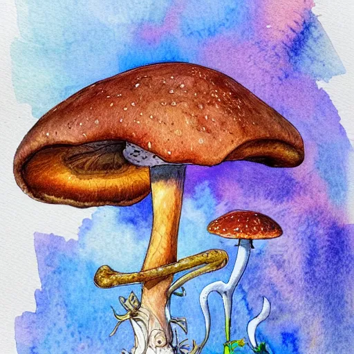 Image similar to water color and pen, high resolution, detailed, trending on artstation, chanterelle mushrooms