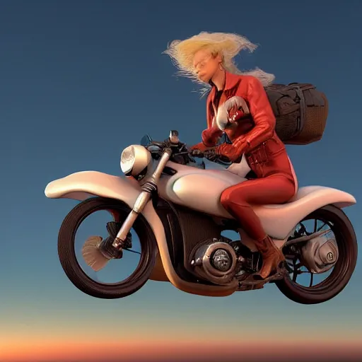 Prompt: a woman riding a motorcycle, clouds, sky by jean giraud and milo manara, 3 d render, octane render