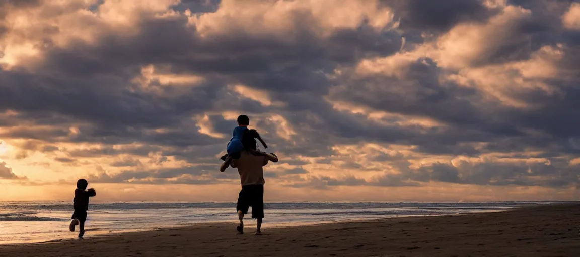 Image similar to a man carrying his child on his shoulders, walking at the beach, early morning, beautiful clouds in the sky, rule of thirds, in the style of studio ghibli and disney,