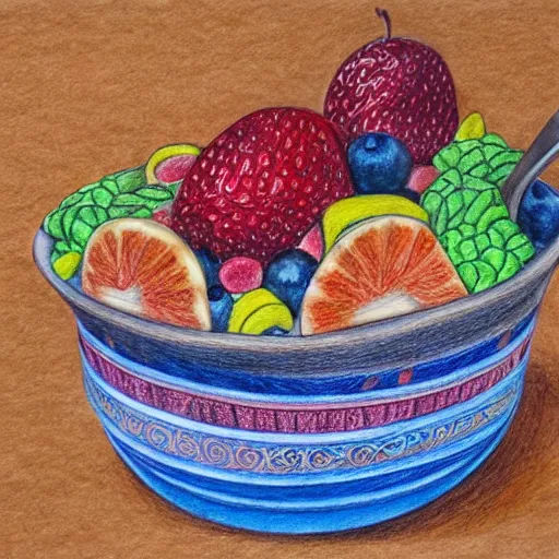 Image similar to Colored pencil art on paper, Ice Cream Fudge Sundae in a bowl with fruit toppings, highly detailed, artstation, MasterPiece, Award-Winning, Caran d'Ache Luminance