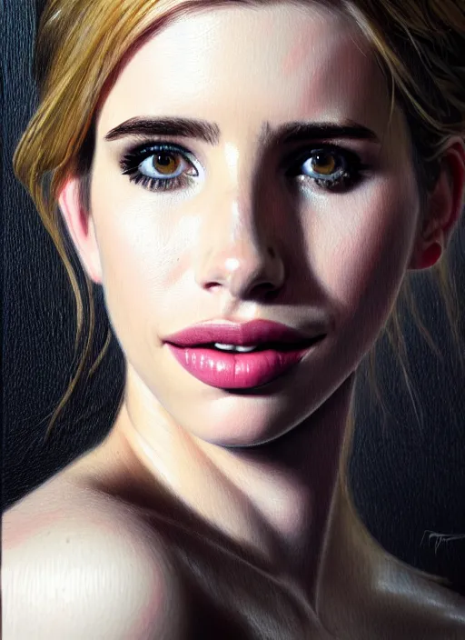 Image similar to close up portrait of emma roberts, oil painting by tomasz jedruszek, cinematic lighting, pen and ink, intricate line, hd, 4 k, million of likes, trending on artstation