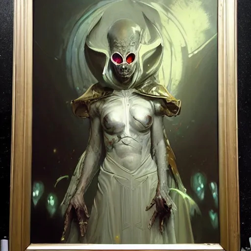 Prompt: a hyperrealistic acrylic on canvas painting of an alien priestess by Greg Rutkowski and WLOP. Epic fantasy art. Trending on ArtStation.