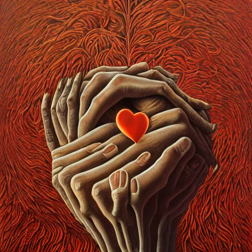 Image similar to her heart by jacek yerka, alex gray, zdzisław beksiński, dariusz zawadzki, jeffrey smith and h.r. giger, oil on canvas, 8k highly professionally detailed, trending on artstation