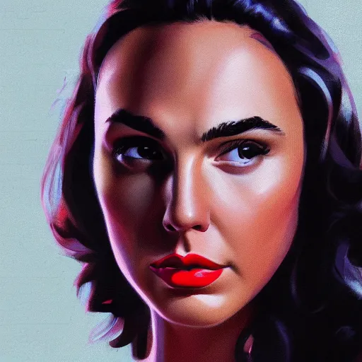 Image similar to portrait of gal gadot in the style of bill medcalf, retro, 4 k, detailed