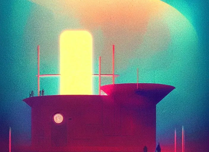 Image similar to exterior portrait of a space station, colorful, modern art deco, mads berg, karolis strautniekas, christopher balaskas, stippled light, fog, moody, fine texture, editorial illustration, dramatic lighting, dynamic composition, detailed, matte print, dynamic perspective, muted color, sacred geometry