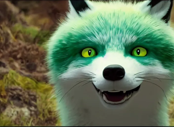 Image similar to muxy logo, nine tail bluish green fox, movie still, 8 k, realistic