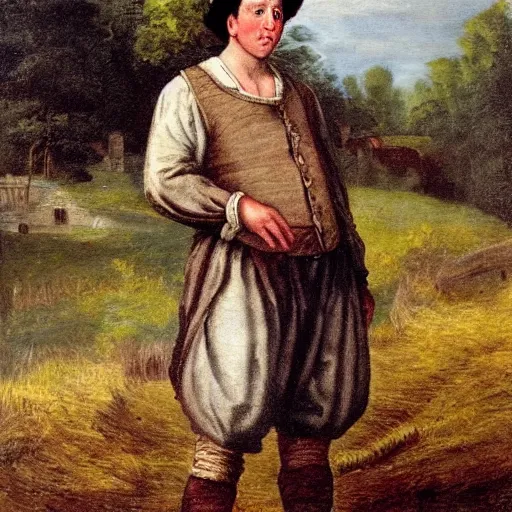 Image similar to david cameron as a 1 7 th century peasant workingin the fields, painting, restored, 1 7 th century art, very detailed painting