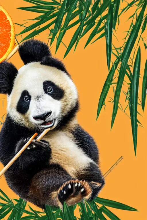 Image similar to Panda on orange chothes, bamboos on background