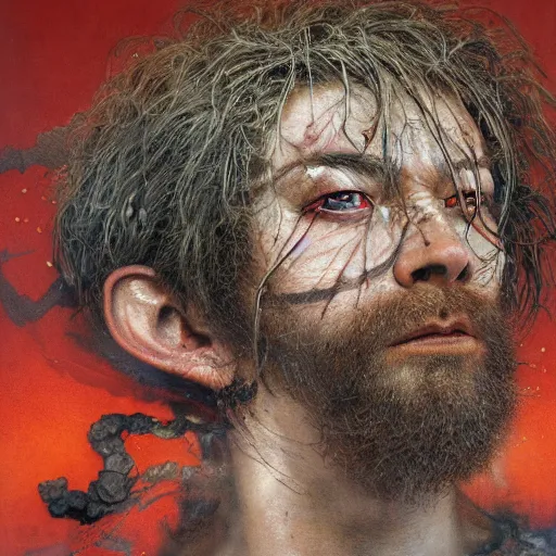 Prompt: detailed masterpiece head and shoulders portrait of struggling Thor by Ayami Kojima, Amano, Karol Bak, Gottfried Helnwein and Mark Brooks and Meats Meier and Ryan Brown, rich deep colors. the agony is real. Beksinski painting, part by Adrian Ghenie and Gerhard Richter and Jeremy Mann. art by Takato Yamamoto. medium shot. masterpiece . intricate artwork by Tooth Wu and wlop and greg manchess, greg rutkowski, very coherent artwork, cinematic, hyper realism, high detail, octane render, unreal engine, 8k, Vibrant colors, Smooth gradients, High contrast. by Katsuhiro Otomo, inspired by anime, movie grain, intricate detail, extremely detailed. painting by Arthur Rackham, Eugene de Blaas, Frederic Leighton