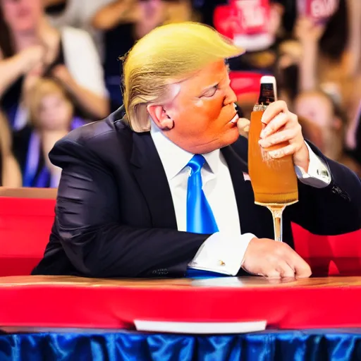 Prompt: donald trump drinking root beer infront of an audience, photography